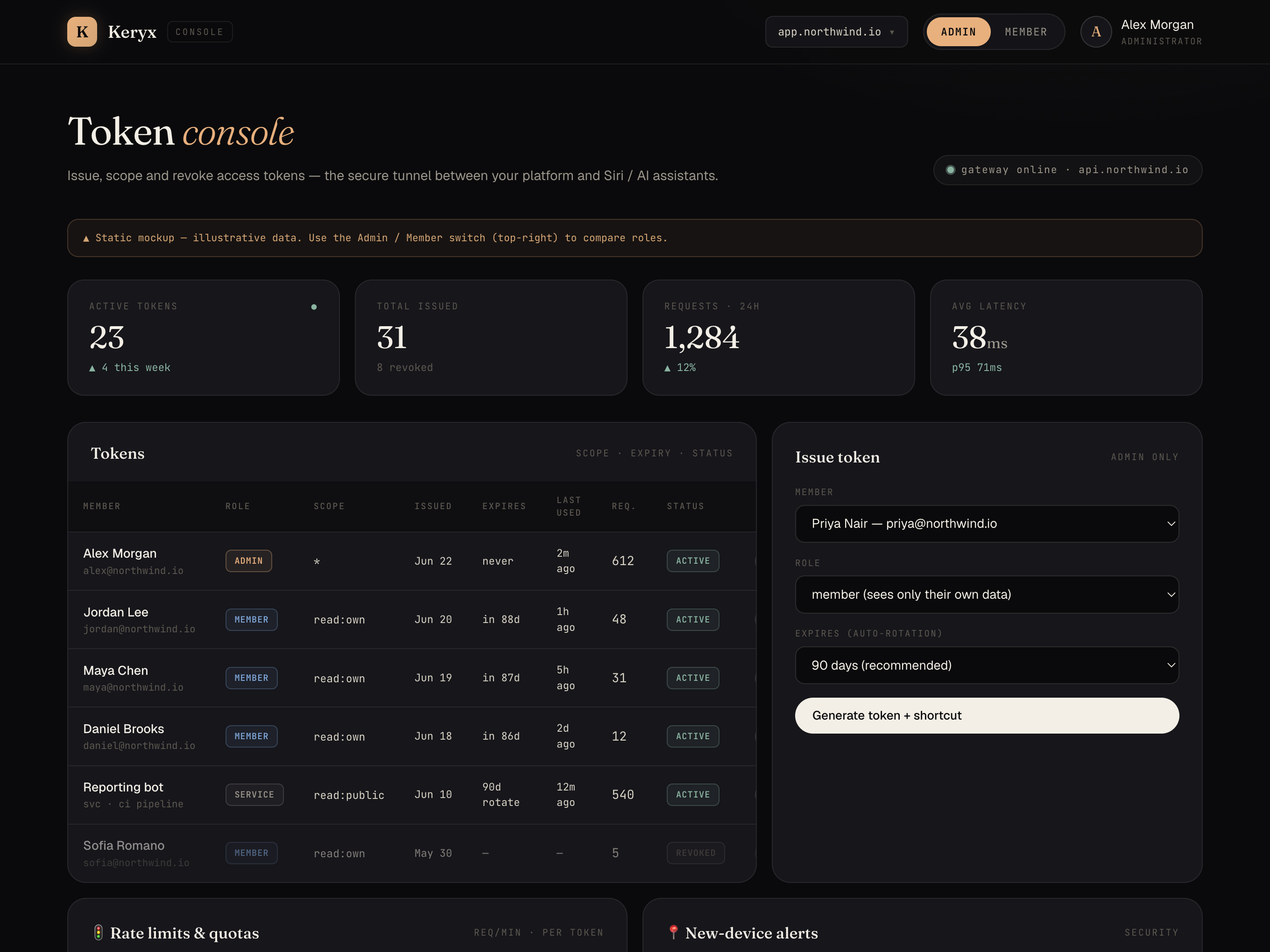 Keryx token console — admin view